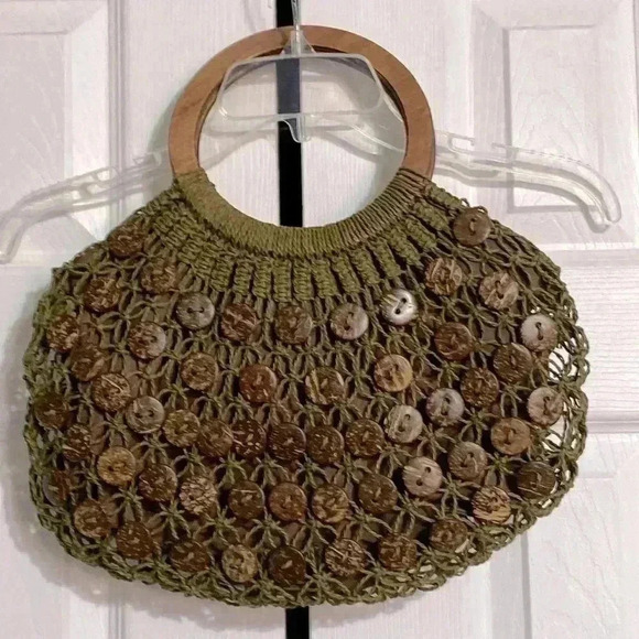 Blue Miami green macrame & dark brown button design crochet purse - Picture 4 of 9